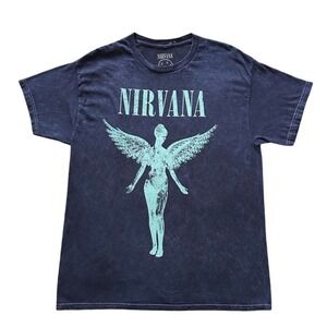Nirvana In Utero Angel Graphic T-Shirt Mens Large Navy Blue Acid Wash Band Tee